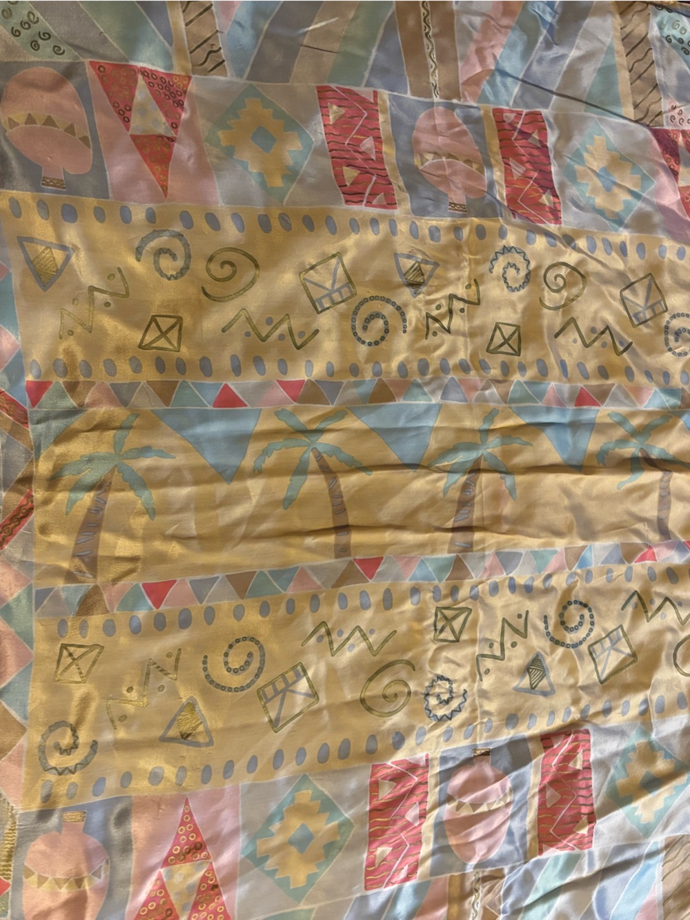 Echo Satin Scarf Vintage Geometric Abstract Print Gold Multicolor 32x31 AS IS - Picture 2 of 4
